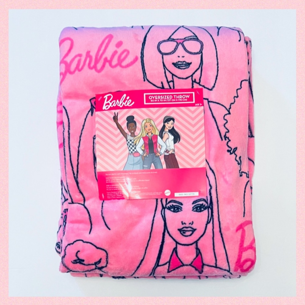 🩷🎀BARBIE Oversized Pink Barbie Print Logo Plush Blanket Throw / 50” x 70”
